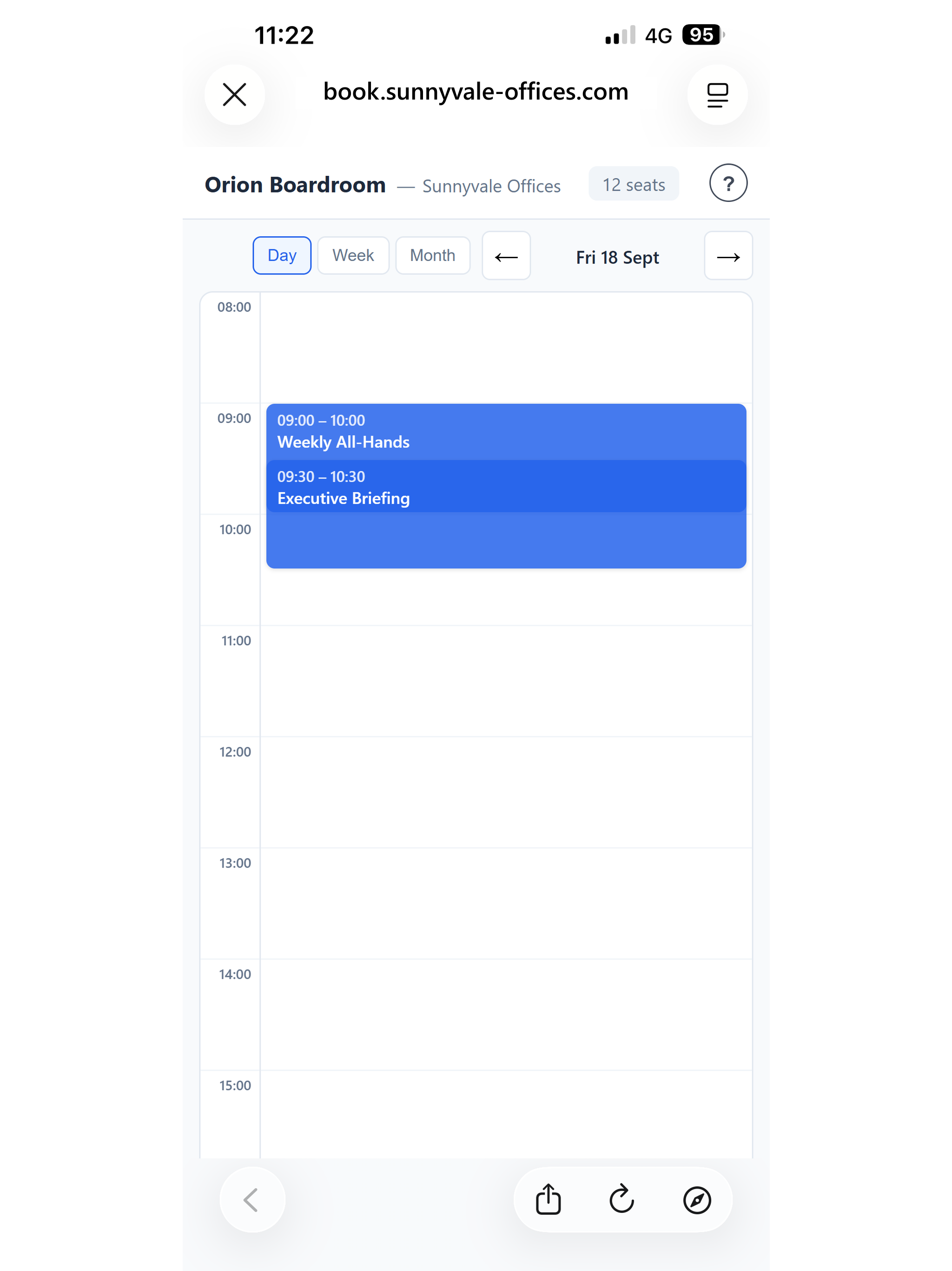 Live room calendar on a phone showing today's free and busy slots