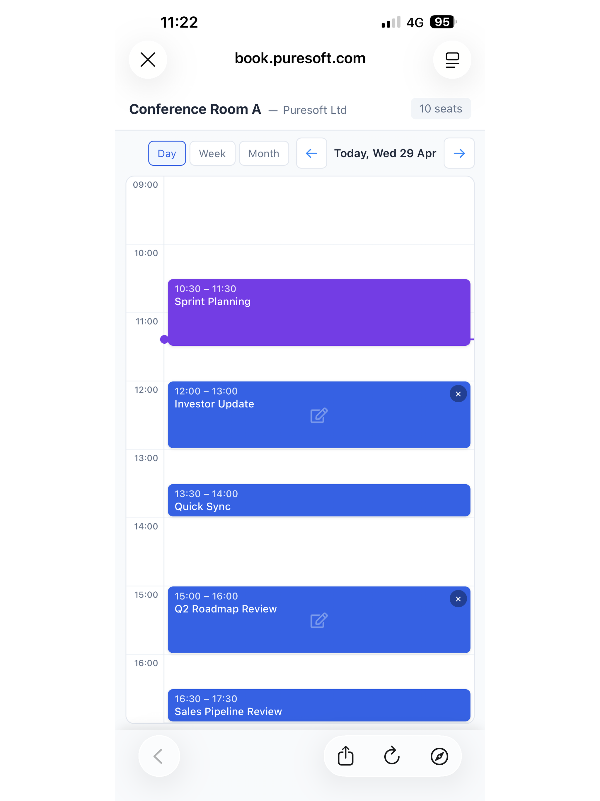 Live room calendar on a phone showing today's free and busy slots