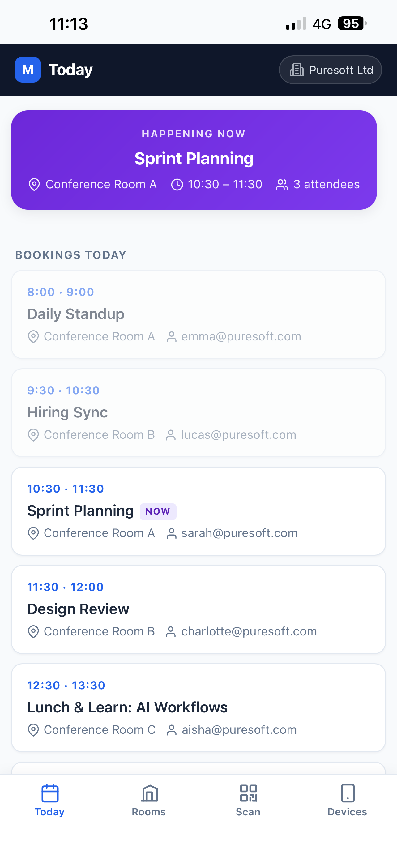 Meet Me At Work app showing today's bookings
