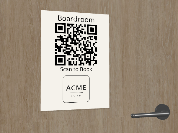 Printed QR sign on a meeting room door, showing the room name and company logo