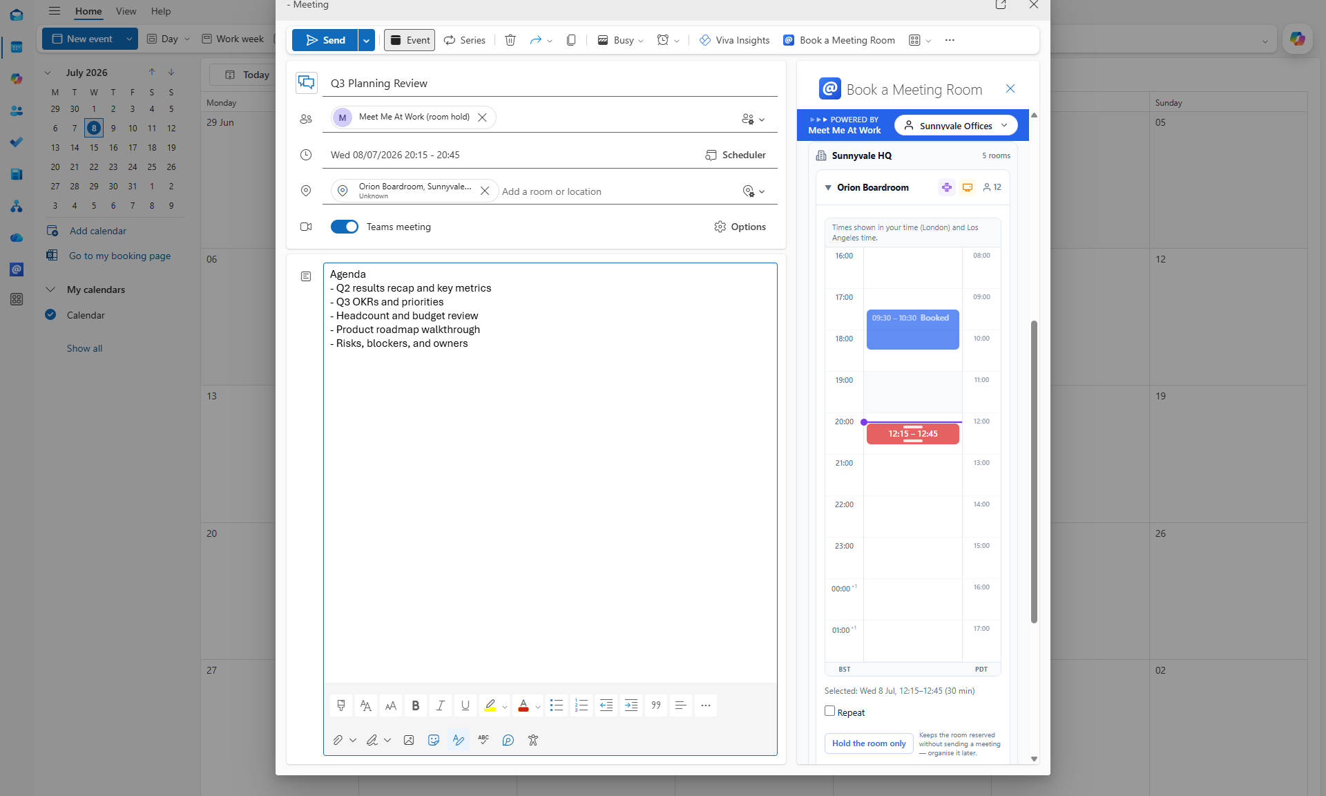 The add-in taskpane inside Outlook's New event window: a room's day calendar is open and picking a free slot has auto-filled the meeting's room, time and hold