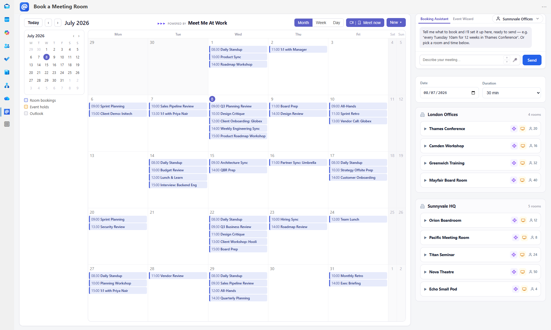 The Meet Me At Work tab pinned in Teams, showing a month calendar of room bookings alongside the booking assistant and the room list